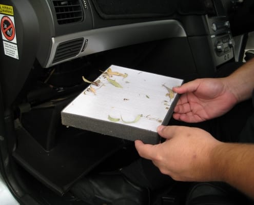 Mechanic replacing a car cabin air filter behind the glovebox.