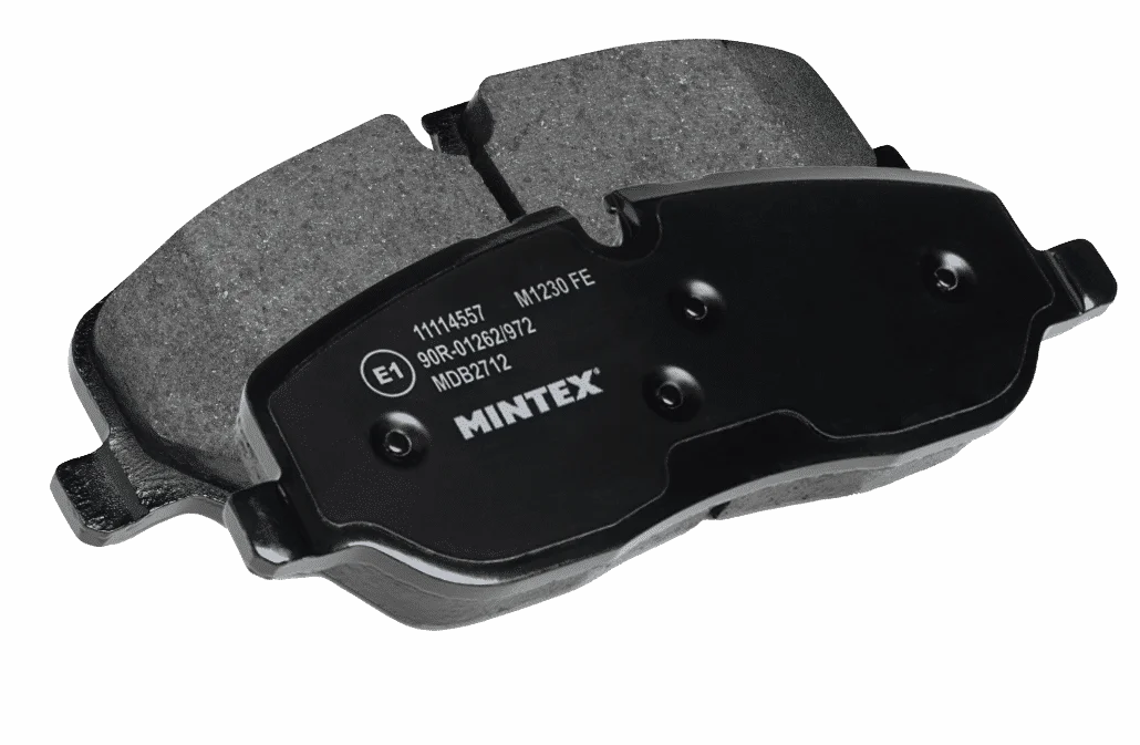 Close-up of Mintex car brake pads on a white background.