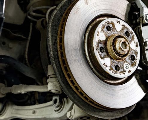 A car's worn-out brake pads