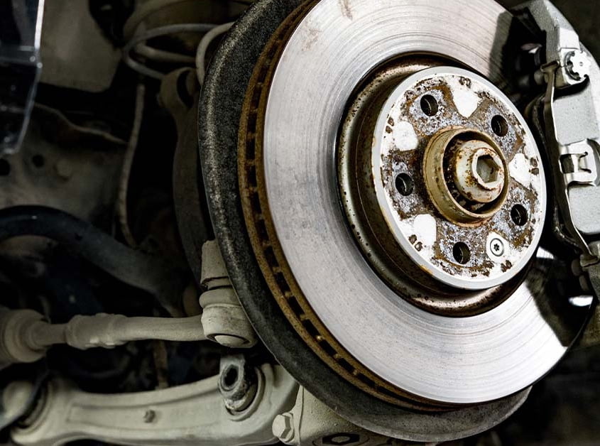 A car's worn-out brake pads