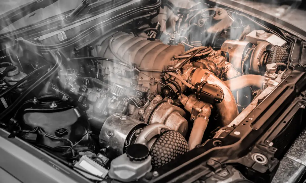 Car engine overheating with visible steam rising from the engine bay.
